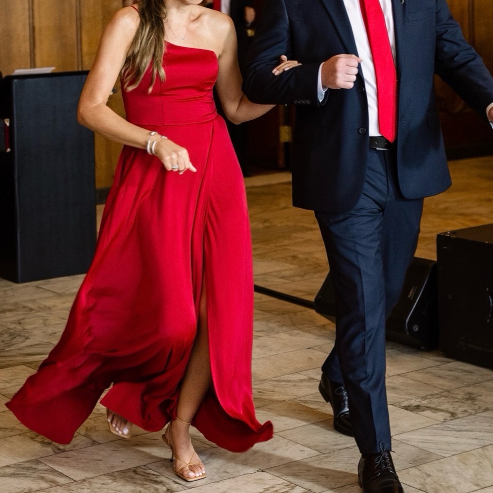 David's Bridal Vibrant Red One-Shoulder Dress